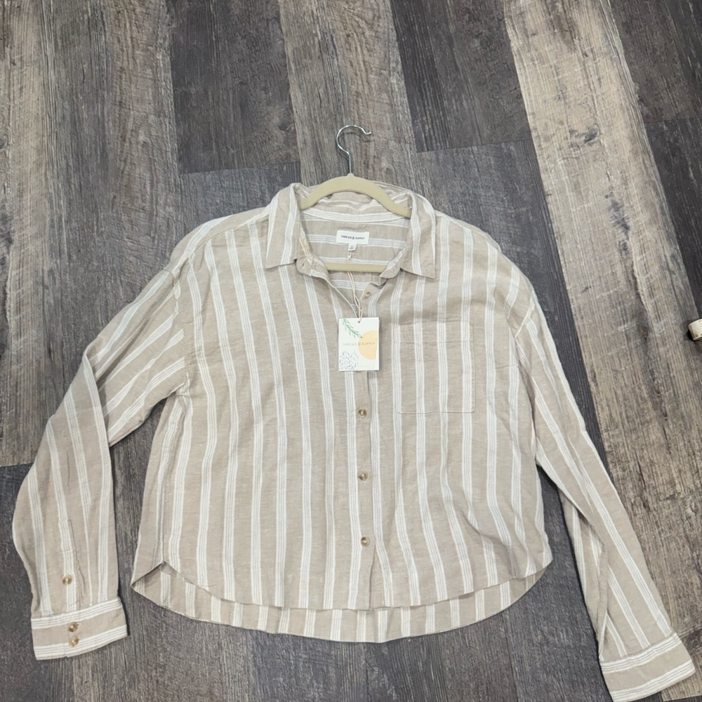 Thread & Supply Beige and White Striped Button-Down Shirt - Picture 3 of 5